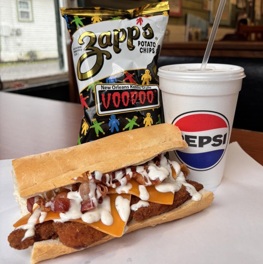 Chicken Bacon Ranch Poorboy with Chips and a Drink